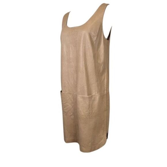 Vince Lamb Leather Shift Dress Tank Tan Front Pockets Light Size 10 READ - Picture 2 of 14